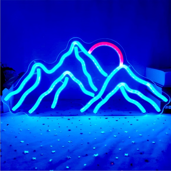 Neon Blue Mountain Range Outdoor Nature Lover Sunset BrightLight Sign Wall Decor - Picture 1 of 5